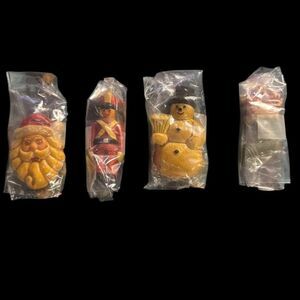 Vtg 50-60s Wax Christmas Ornaments Lot of 4 Santa Snowman Toy Soldier Sock NOS